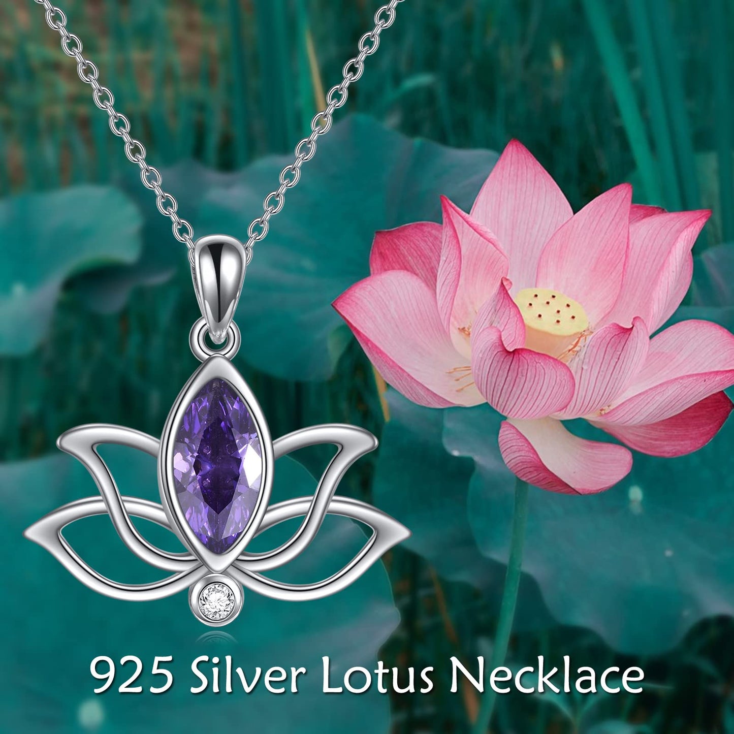 YFN Lotus Necklace Sterling Silver February Birthstone Pendant Pruple Amethyst Jewelry Gifts for Women (Feb)