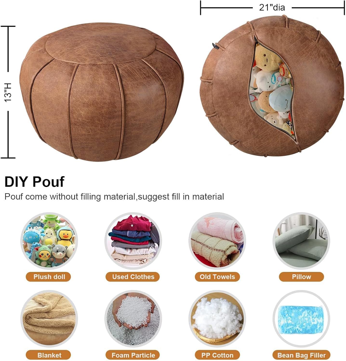 Louis Donné Unstuffed Pouf Ottoman Handmade Moroccan Storage Footstool Seat Round Home Decoration Pouf Cover Multi Functional Bean Bag Floor Chair for Living Room, Office, Bedroom, Balcony Decor