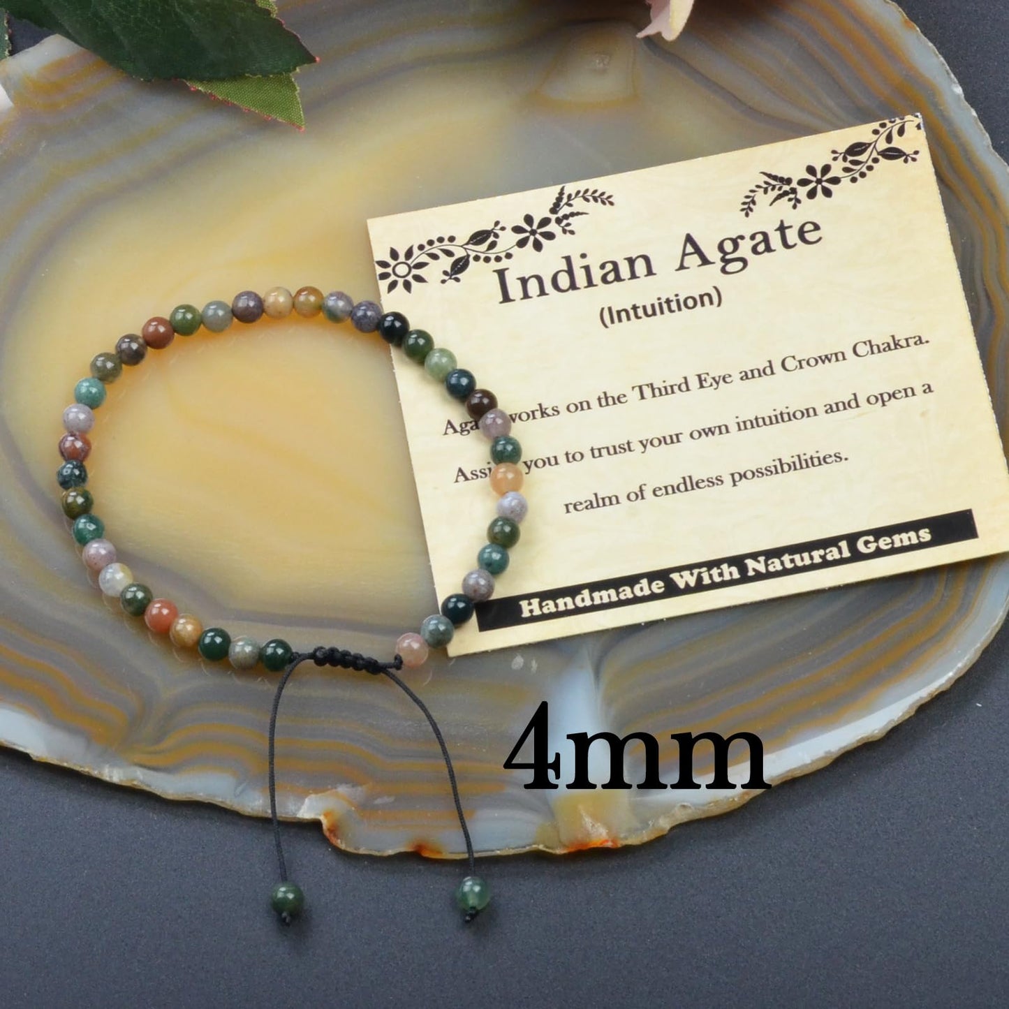 CHCCOYE 4mm Handmade Adjustable Natural Gemstone Crystal Bracelet Healing Power Energy Inspirational Gifts with Card for Unisex (Indian Agate)