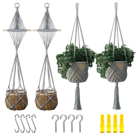 XINBOR 4 Pack Macrame Plant Hangers Indoor Up to 10 inch Pot, Boho Hanging Planters, Plant Holder with 8Pcs Stainless Steel Hooks (4Pcs Gray Hanger)
