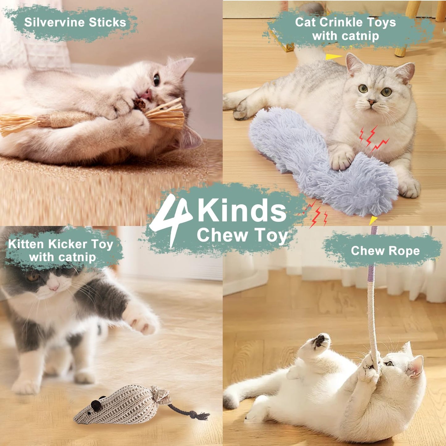 CUUOOT 7-in-1 Kitten Toys for Indoor Cats with Washable Adhesive Suction Cup, Hanging Interactive Cat Toys, Silvervine Stick and Sisal Chew Rope Catnip Teething Toy for Bored Kitten