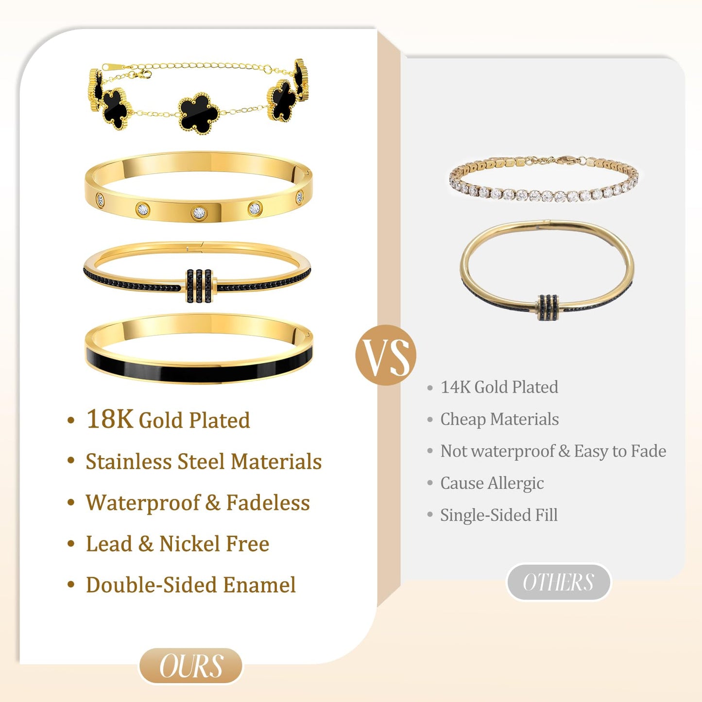 MOINSPIRE 18K Gold Plated Bracelets for Women, Stainless Steel Four Leaf Clover Tennis Nail Love Bangle Bracelets Set, Trendy Stackable Twist Cuff Bracelet Non Tarnish Jewelry Gifts for Christmas