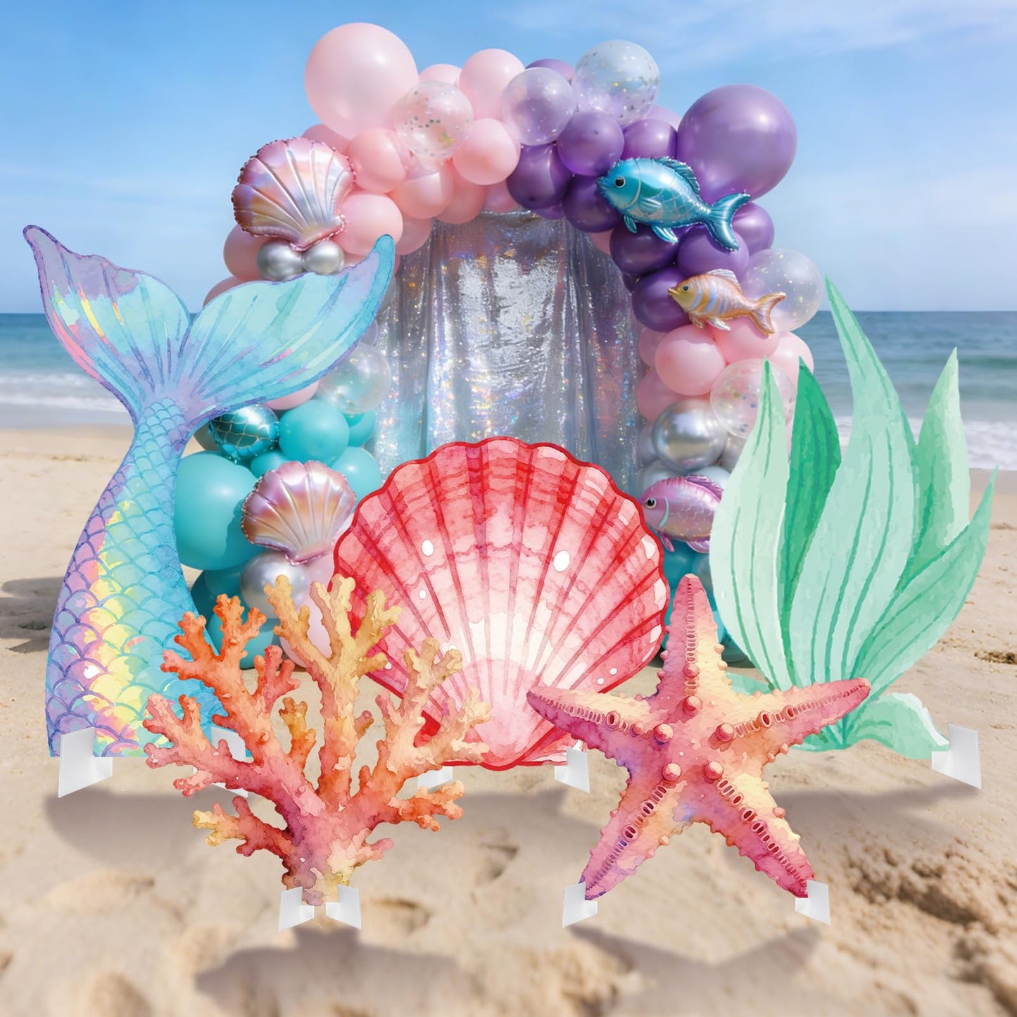 5 Pcs Large Under The Sea Decorations Ocean Theme Party Supplies Mermaid Tail Shell Starfish Seaweed Stand Up Cutouts for Mermaid Birthday Baby Shower Summer Party Photo