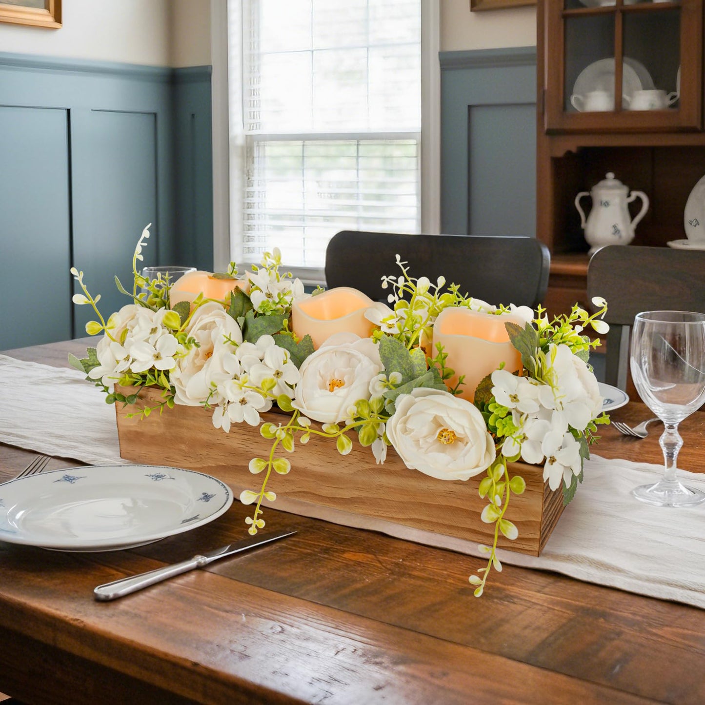 Lumeavetra Centerpiece Table Decorations with 3 Flameless Candle(Battery Not Included), Farmhouse Wood Tray Flower Decoration for Coffee Table Kitchen Living Room Wedding, White