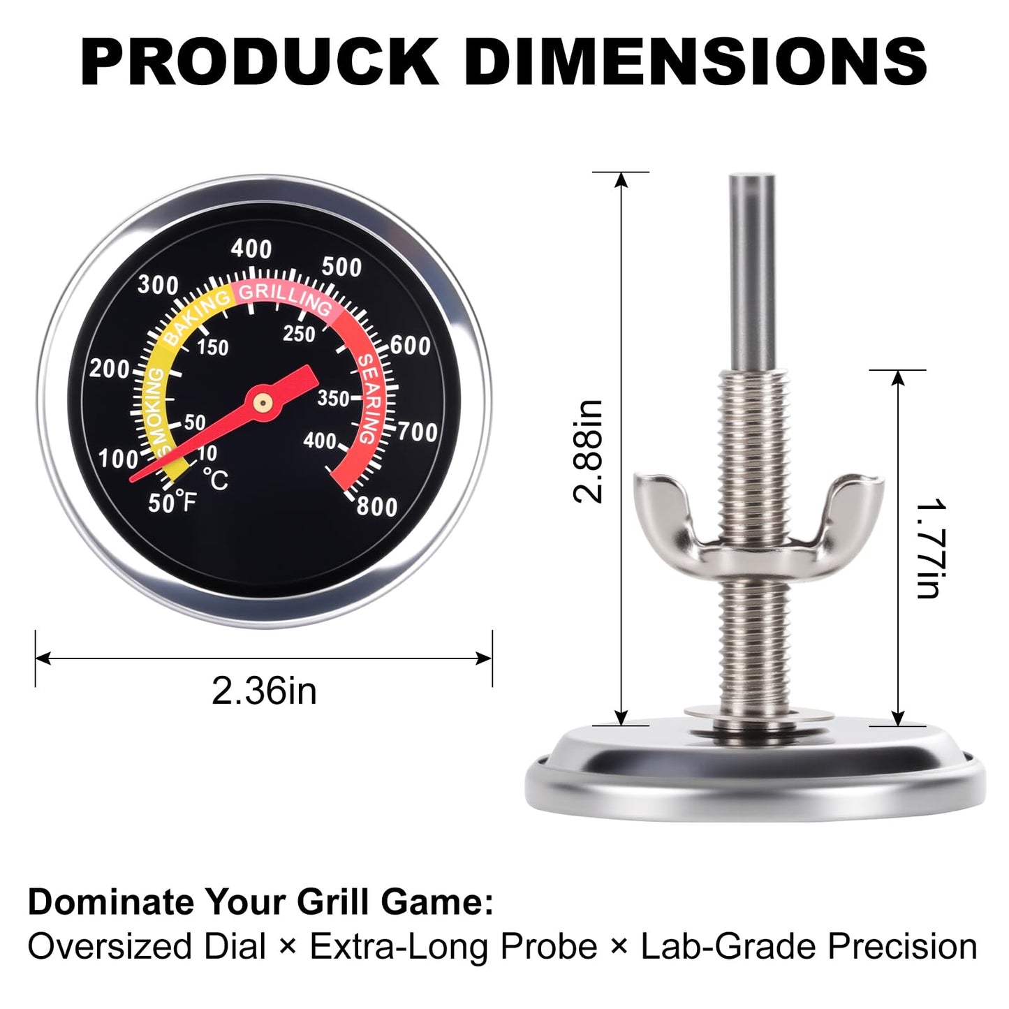 ELFFILLA BBQ Thermometer 2-3/8" Oversized Dial, 50-800°F Smoker Thermometer Weatherproof with Easy Read Numbers - Grill Temp Gauge for Charcoal Grill & Meat Smoking Kit Includes Mounting Hardware