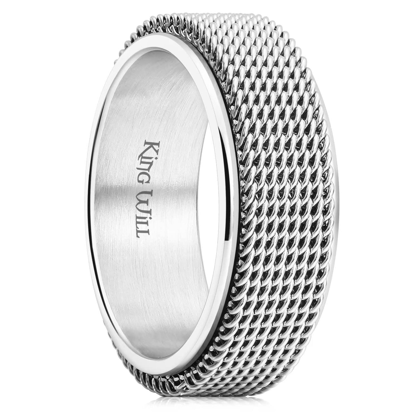King Will Silver 8mm Spinner Chain Mesh Rings Stainless Steel Anxiety Ring for Women Men Wedding Band Ring Fidget Ring Mesh Chain Woven Mesh 12