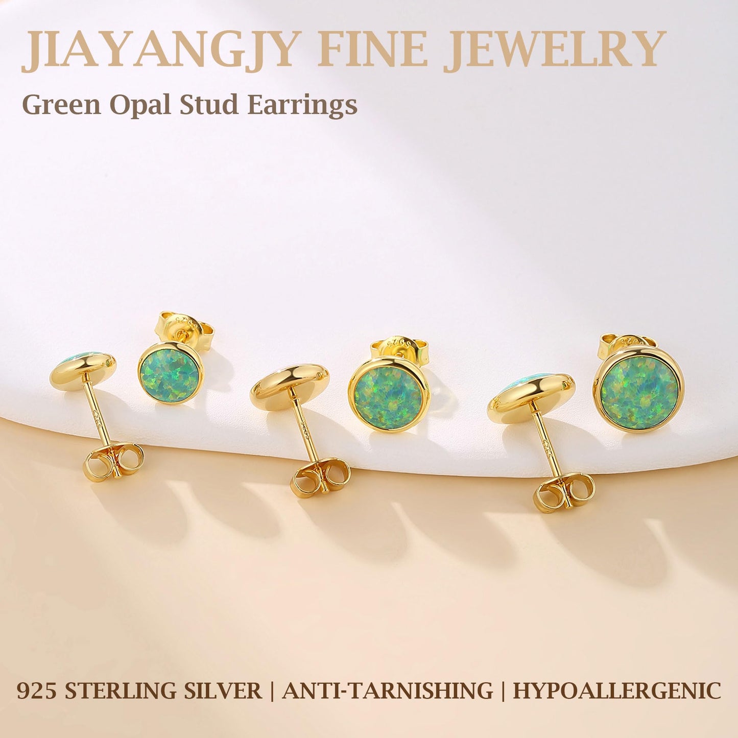 JiayangJY Silver Green Fire Opal Stud Earrings for Women 18K Yellow Gold Plated Sterling Silver Round Shape 8mm Opal Earrings with Push Back