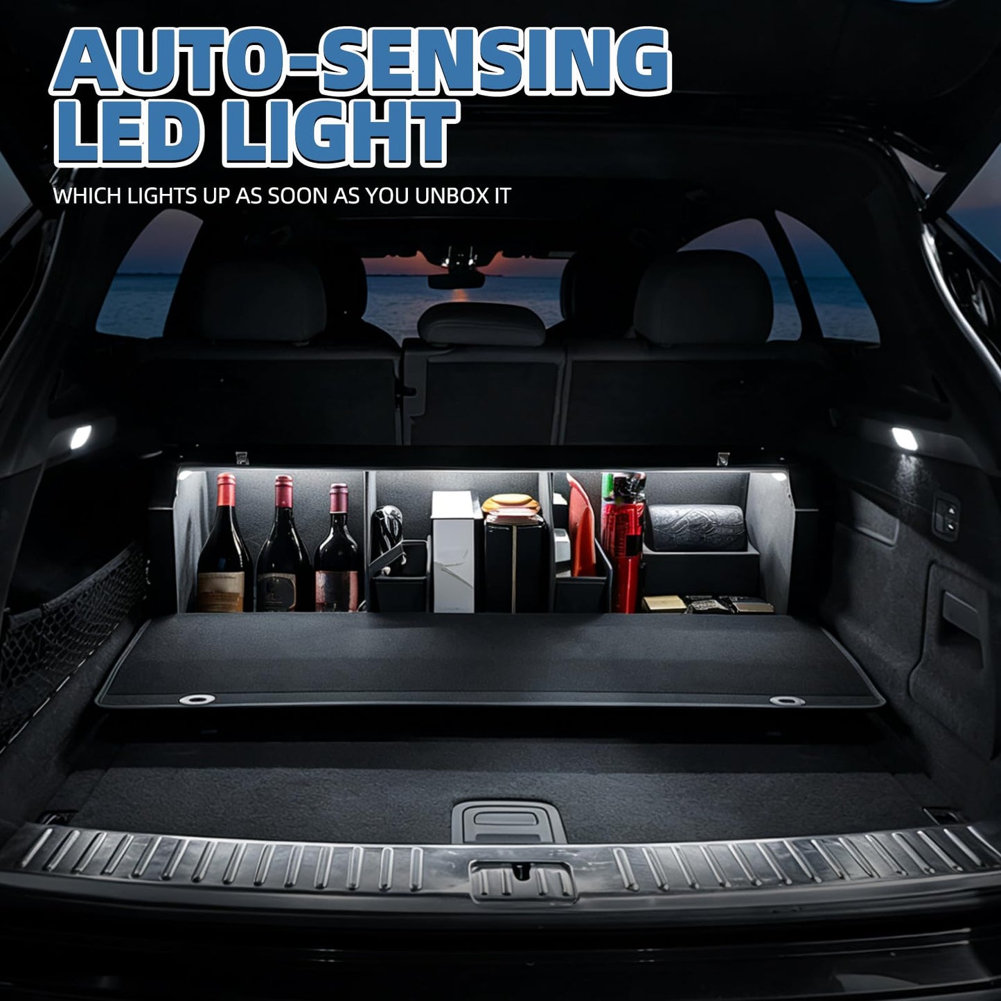 XCF Car Trunk Organizer, Leather Trunk Organizer with LED Light Car Storage Box with Lid and Push-pull Handle Organizer Trunk Storage for SUV, Trunk, Minivan (Black, 40.5 x 11.4 x 12.2in)