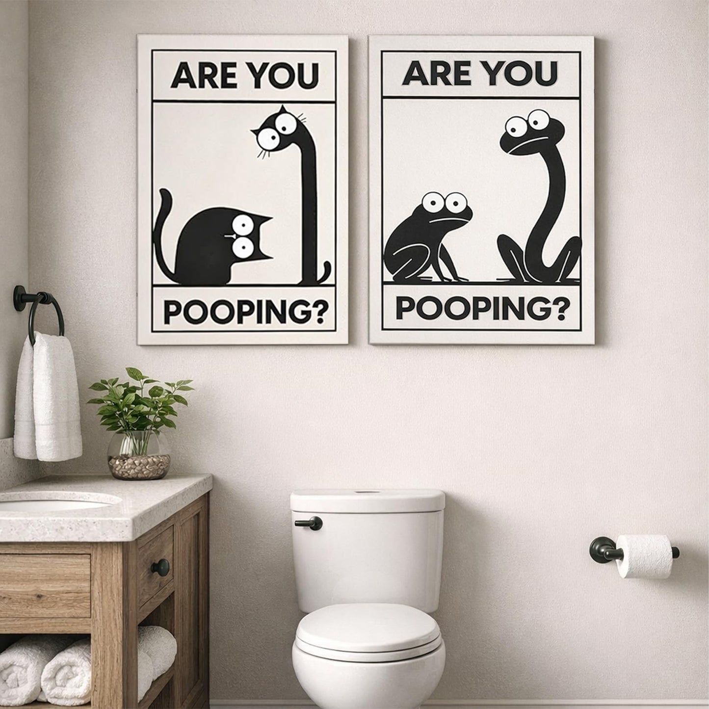 Framed Funny Bathroom Wall Art Set Of 2 Black And White Cartoon Animal Canvas Prints Are You Pooping Bathroom Decor For Guest Bathroom Powder Room Restroom Ready To Hang 12 X 16 Inches