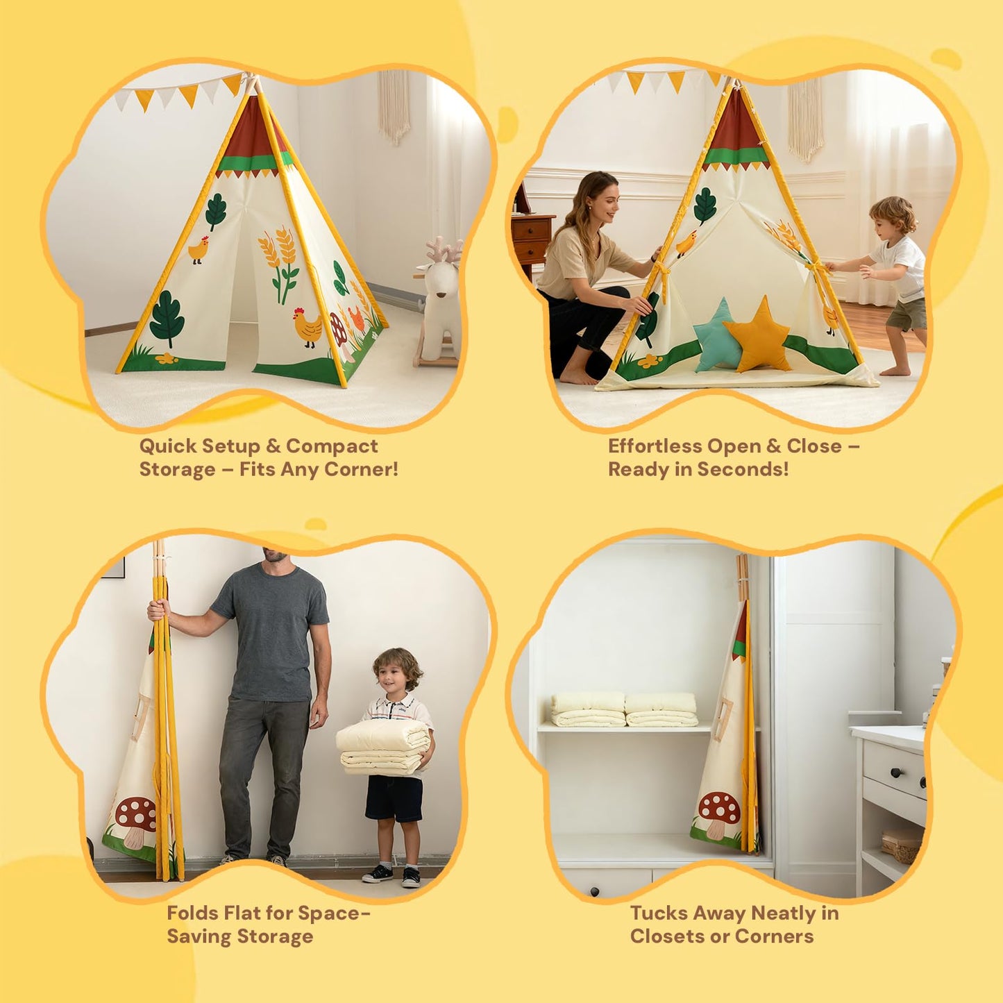 Duwenem Teepee Tent for Kids, Play Tent with Padded Mat & Star Lights, Indoor Play Tent for Girls & Boys, Pastoral Chicken