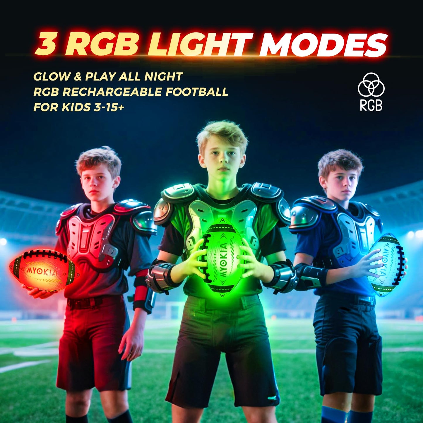 MYOKIA RGB Waterproof Rechargeable Light Up Football Birthday Gift, Glow in The Dark Football with Pump & USB Cable, Tri-Color (Red, Green, Blue), Size 6, Outdoor Night Games