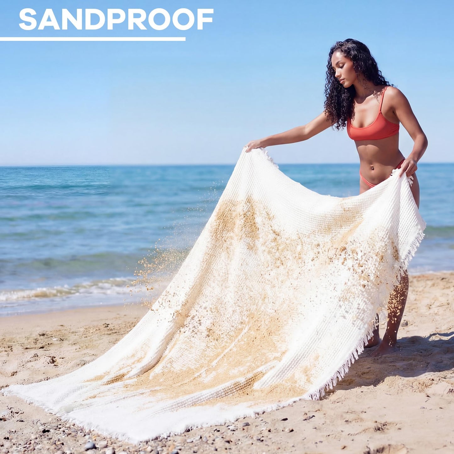 Hillsuren Giant Beach Blanket with Fringe 91 x 71 Inch Waffle Woven Cotton Oversize Yarn Outdoor Picnic Blanket Bohemia Sandproof Beach Towel for Spring Summer Camping Accessories(Milky White)