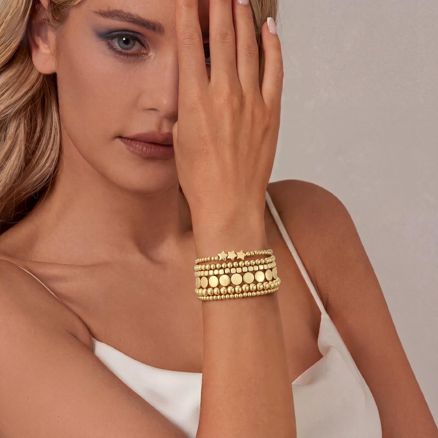 Sajidos Gold Plated Beaded Bracelets for Women Trendy, 14K Gold Plated Stack Cross Pearl Gold Plated Bead Stretch Bracelets Set Elastic Hypoallergenic Bracelets Jewelry Gifts (style12-3 6pcs)