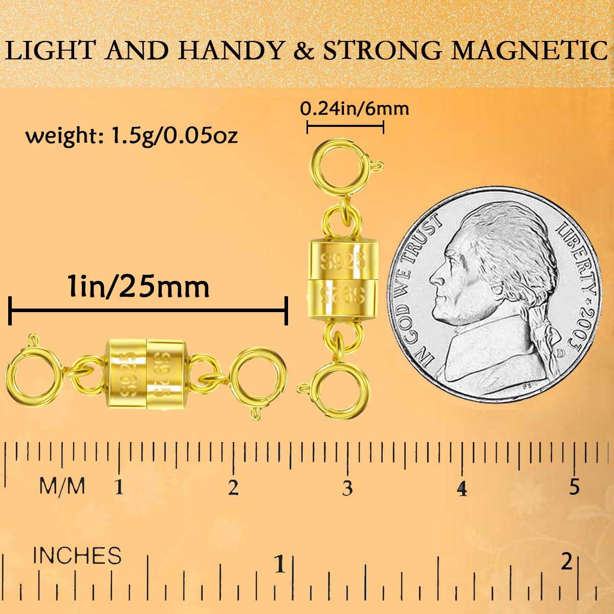 Oilzorr 925 Silver Magnetic Necklace Clasps, Magnetic Necklace Clasps and Closures for Bracelet Necklace Extender (4pcs Gold)