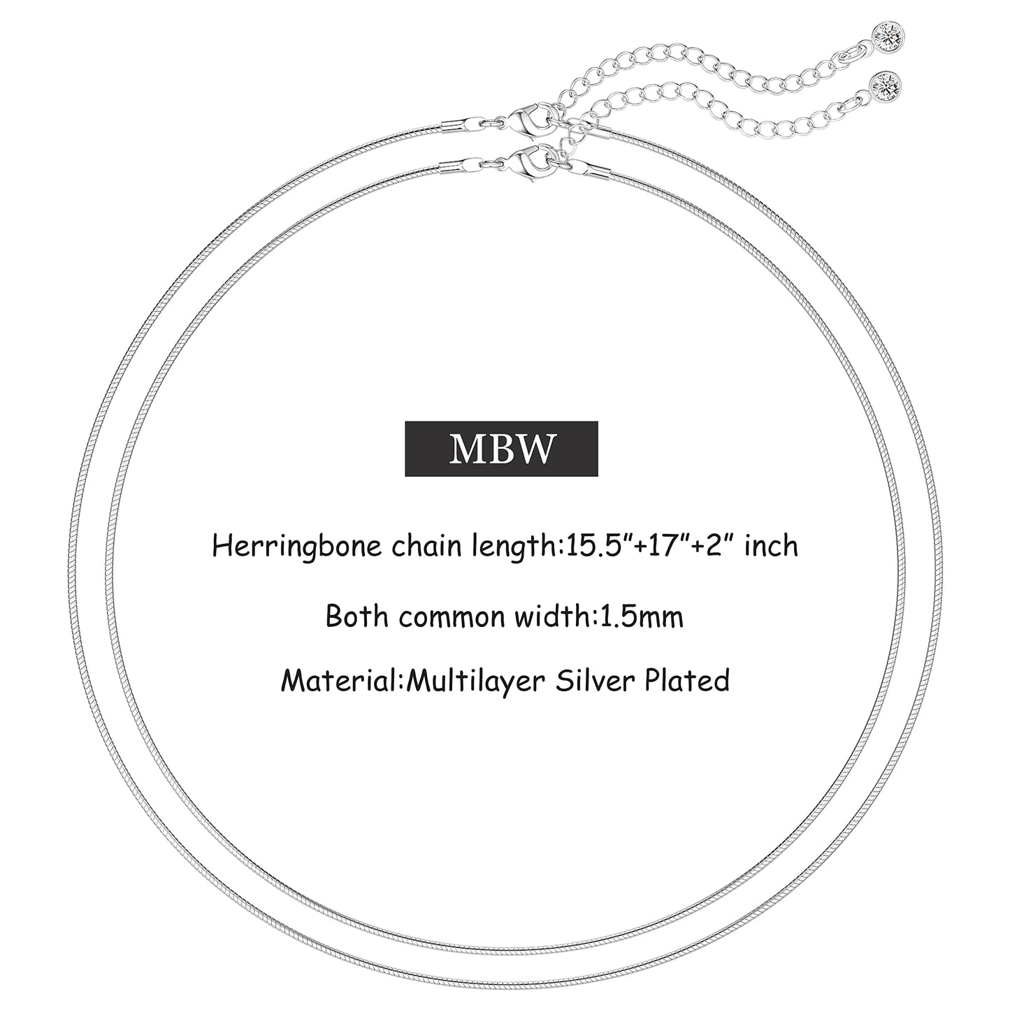 MBW Dainty Layered Necklaces for Women, Simple Silver Plated Thin Snake Chain Necklace for Women Sterling Silver Stacked Herringbone Choker Necklace Silver Jewelry Sets for Women