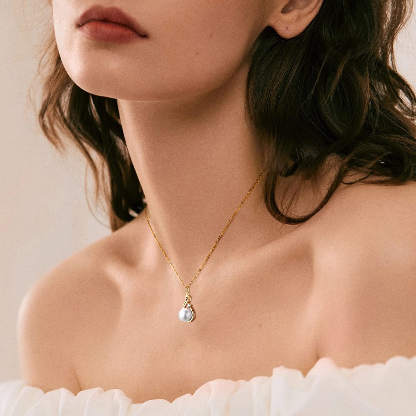 DENGGUANG Freshwater Pearl Pendant Necklace for Women, 14K Gold Plated Infinity Single Pearl Necklace with Moissanite, 925 Sterling Silver Adjustable Chain, Mothers Day Gifts for Mom