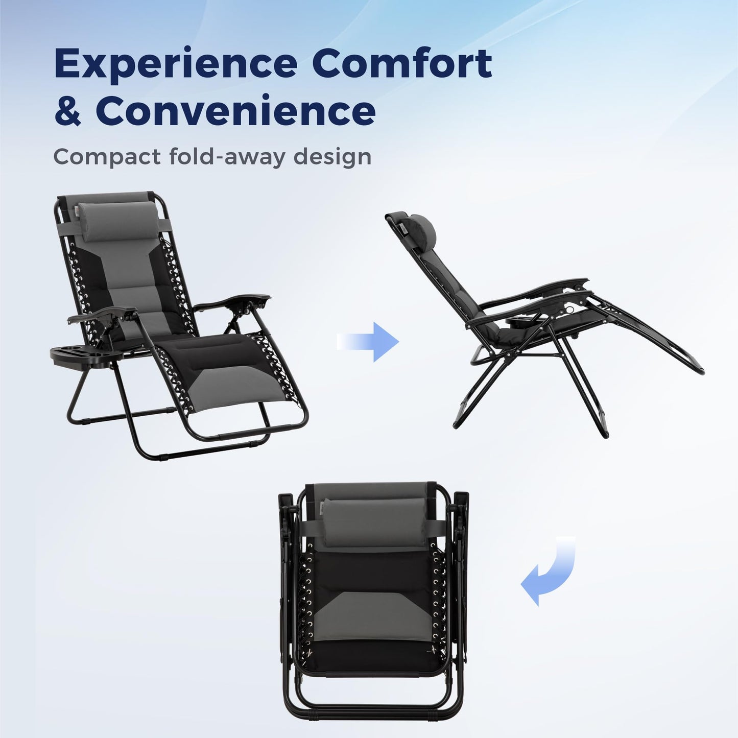 MAISON ARTS Oversized Zero Gravity Chairs Set of 2, Folding Padded Recliner Anti Gravity Lounge Chair with 28" Wide Seat and Cup Holder, Support 400lbs, Grey & Black