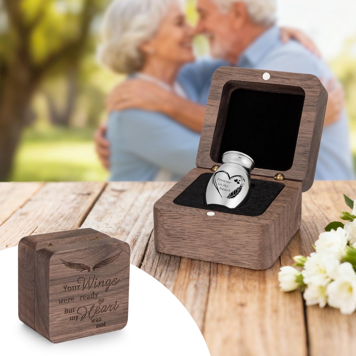 Dletay Angel Wing Small Urns for Human Ashes Square Wooden Keepsake Box 1.57 Inches Heart Mini Cremation Urns for Women Men Memorial Funeral Urn