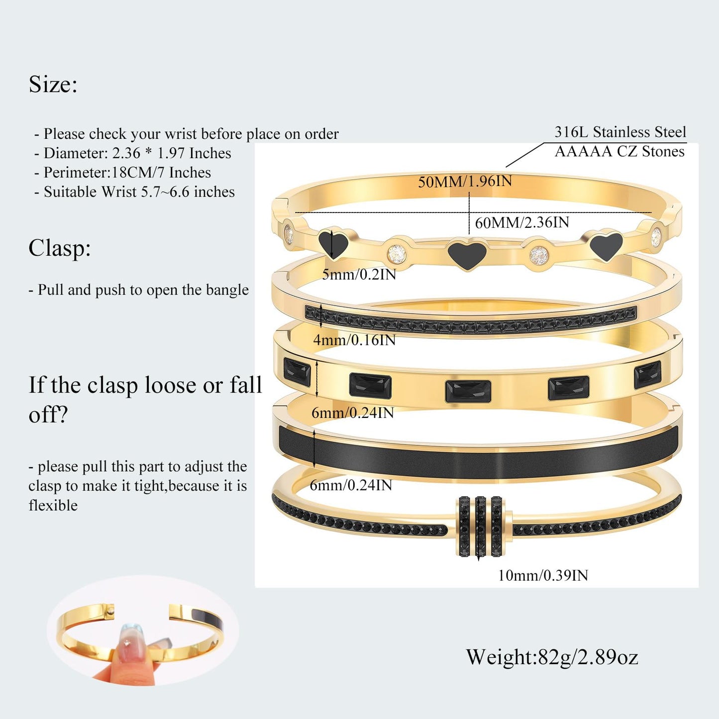 Camhanno 18K Gold Plated Stainless Steel 5-Piece Gold Bangle Bracelet Set for Women - Pink Crystal Friendship & Love Heart Design, Stackable Bangles Jewelry - Ideal Birthday Gift for Women (Black)