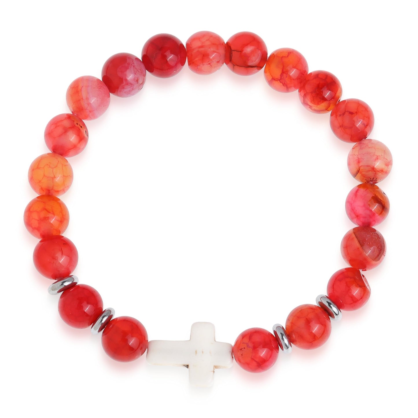 Frigotine Cross Red Agate Beaded Stretch Protection Bracelet for Man Woman, Handmade Carnelian Healing Stone Chakra Beads Elastic Bracelets Catholic Religious Accessories Fashion Jewelry Gift