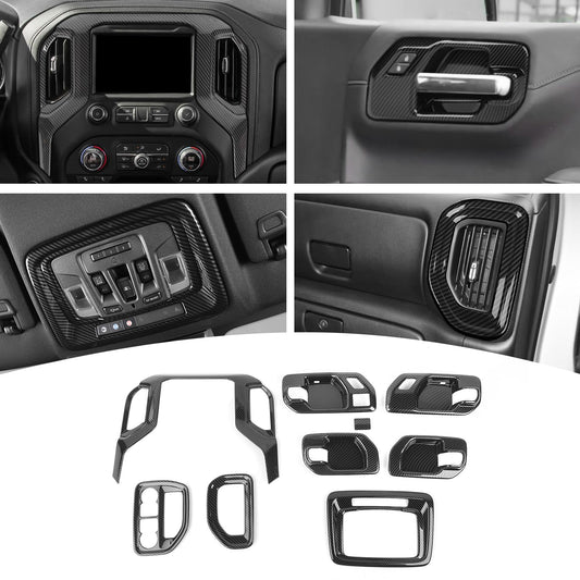 PDKLIN for Silverado Carbon Fiber Trim Dashboard Inner Door Handle Bowl Trim Cover for Chevy Silverado GMC Sierra 2019-2022 Carbon Fiber Interior Accessories 8pcs