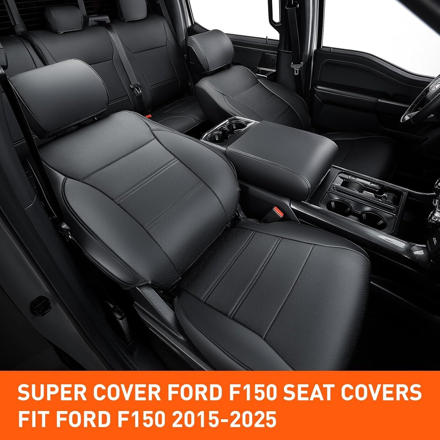 DrCarNow for Ford F150 Seat Covers 2015-2023 2024 2025, Full Set Custom Fit Leather Car Seat Covers, Waterproof Pickup Truck Accessories for SuperCrew/CrewCab 1st Row Bucket Seats (XL, XLT), Black