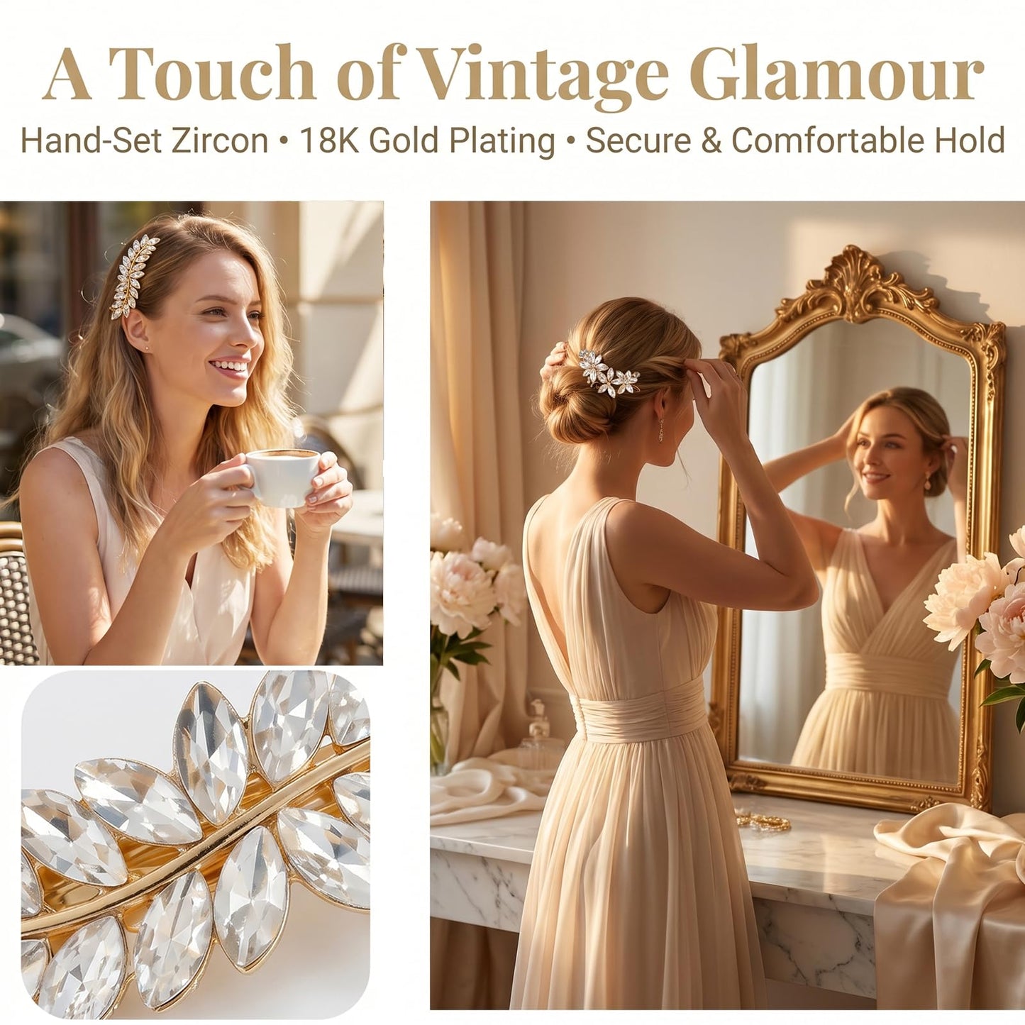 4 Pcs Rhinestone Hair Clips for Women Hair Barrettes Silver Hair Accessories Bridal for Wedding Party Everyday (Gold B)