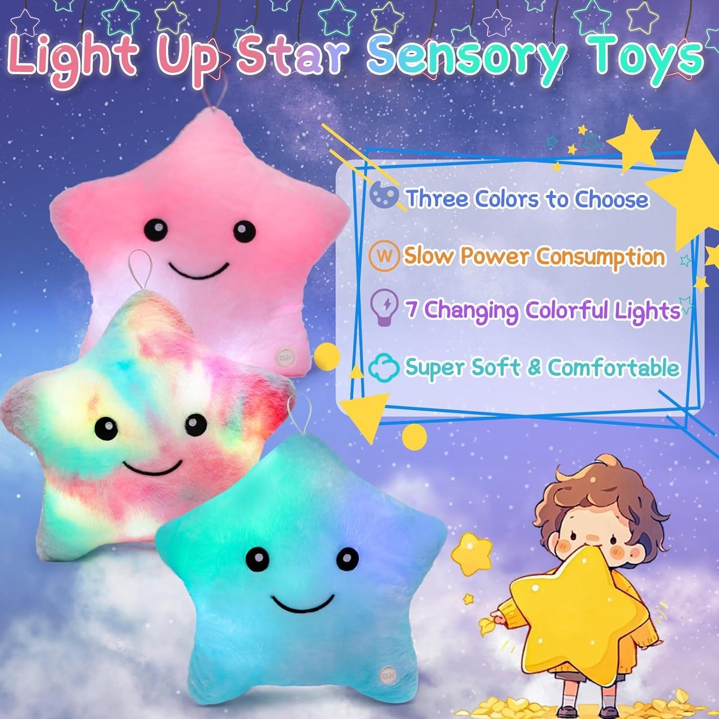 Subao Sensory Toys for Kids with Autism,14" Light Up Star Soft Plush Toddler Pillow,Autism Sensory Products,Stress Relief Kids ADHD Toys,Birthday Xmas Easter Gifts for Girls 3 4 5 6 7 8 9 10 Pink
