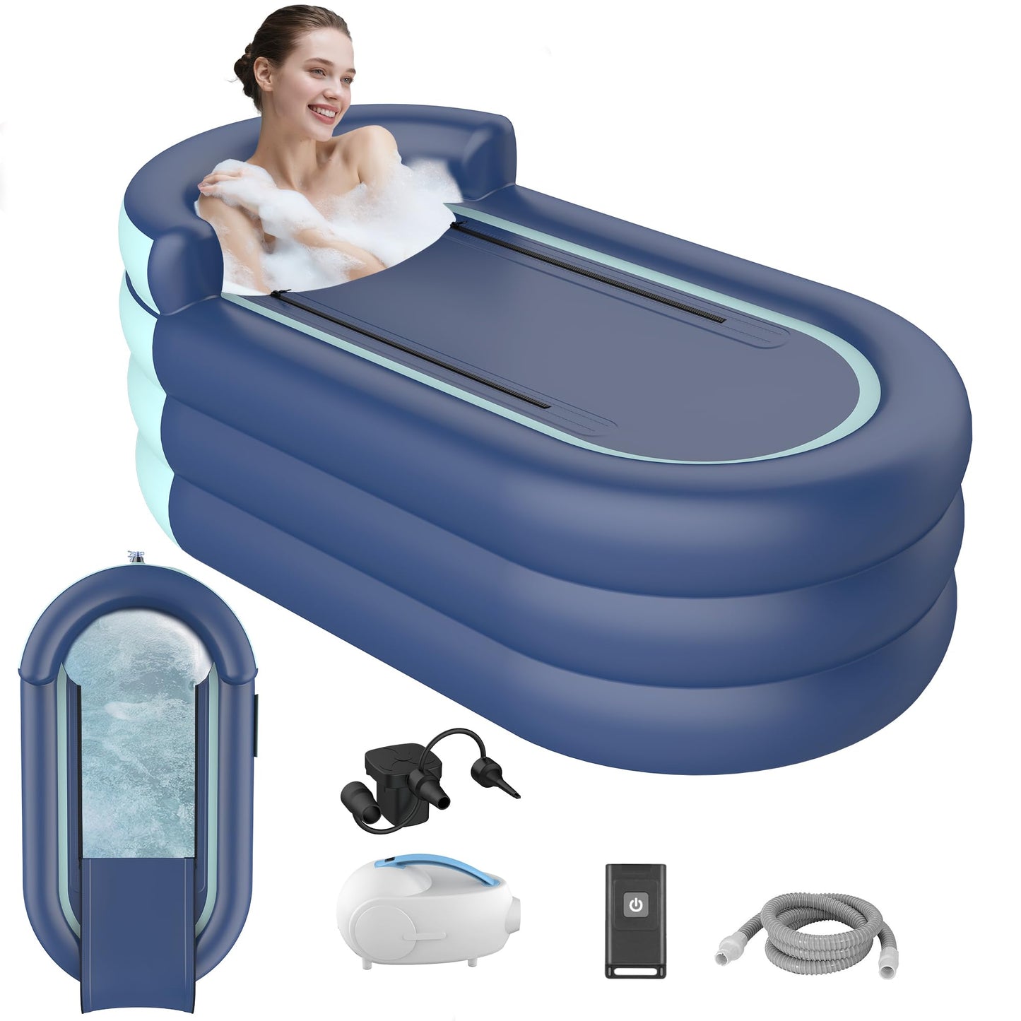 Inflatable Bathtub & Bubble Spa Mat- Portable Hot Tub for Adults, Equipped with a Bubble Math Mat for Massage, Fits Any Bathroom, Foldable Design for Renters/Apartments (65"x33"x26" 220lb)