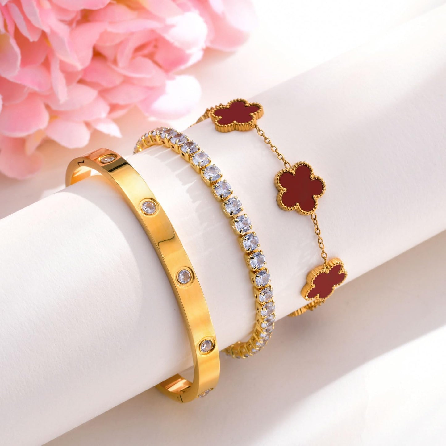 MPRAINBOW Womens Stackable Floral Bracelets, 3Pcs 18K Gold Plated Bracelet,Stainless Steel Bangle Chain Non Tarnish, Bracelet Set Trendy Jewelry,Christmas Valentines Birthday Gift for Girlfriend