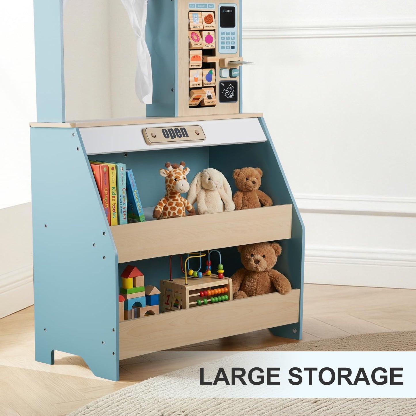 DREAM BUILDING Kids Grocery Store Pretend Play, Puppet Theater&Grocery Store Playset Toy Double-Sided, Toddler Supermarket Toy Cash Register w/Blackboard, Display Shelves, Gift for Boys Girls, Blue