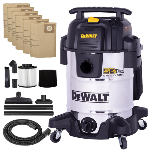 DEWALT 10 Gal Stealthsonic Shop Vacuum Wet and Dry, 5HP Heavy-Duty Stainless Steel Shop Vac, Ultra-Quiet with Complete Accessory Kit & 6 Bonus Dust Bags - Ideal for Job Sites, Workshops & Garages
