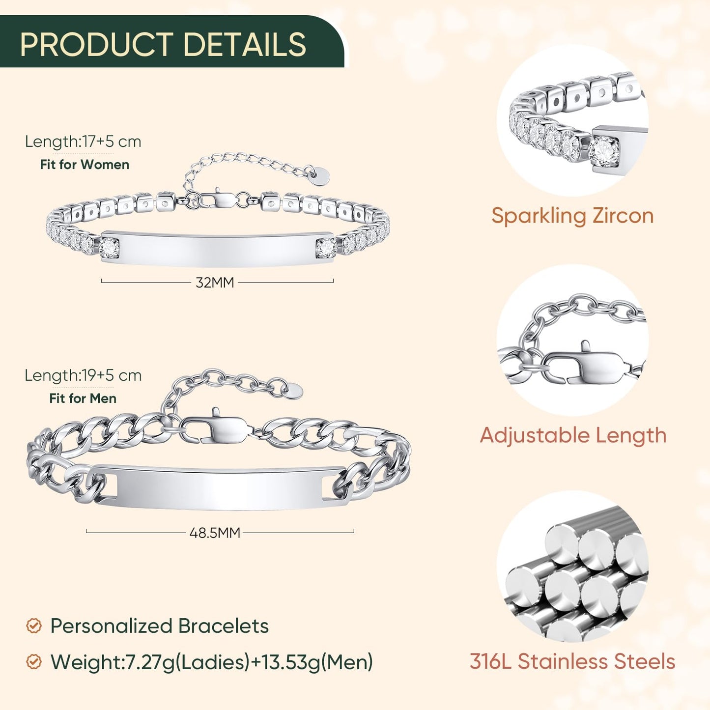 Personalized Matching Bracelet for Couple - Custom Engraving Couple Bracelet,Stainless Steel Long Distance Relationship Jewelry,Promise Bracelet for Him/Her,Valentine's Day Anniversary Birthday Gift