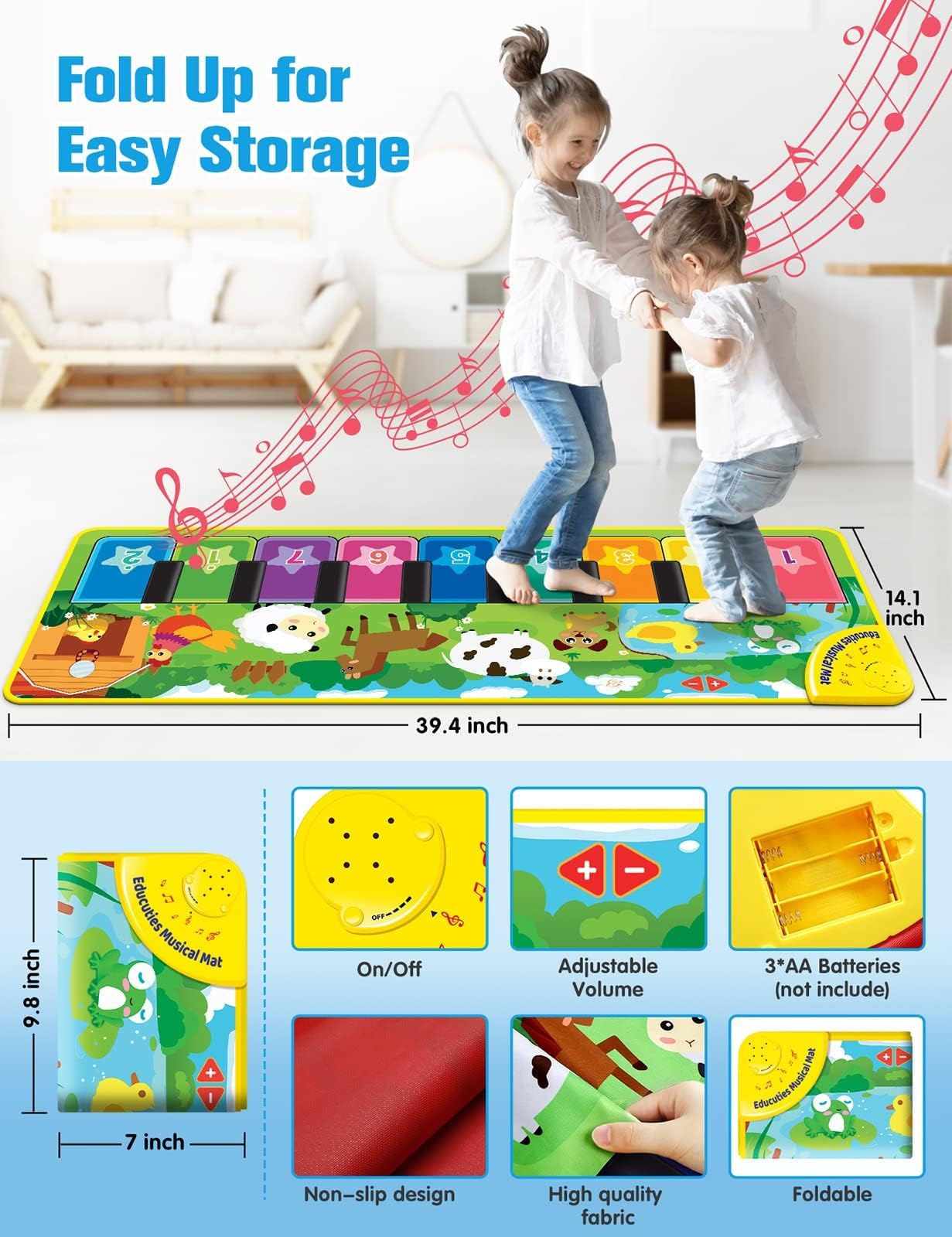 EduCuties Baby Musical Learning Toys , Floor Piano Playmat for Toddlers with Animal Flash Cards Music Sound for Early Education Touch Keyboard Blanket Birthday for Baby Boys Girls