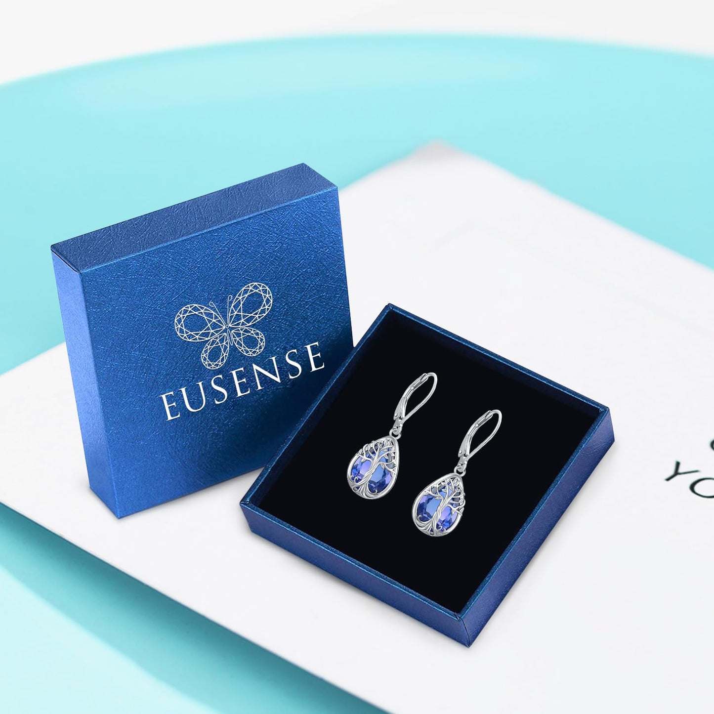 Eusense Tree of Life Dangle Earrings 925 Sterling Silver Jewelry Teardrop Dangle Tanzanite Earrings for Women Leverback Birthstone Jewelry Gift