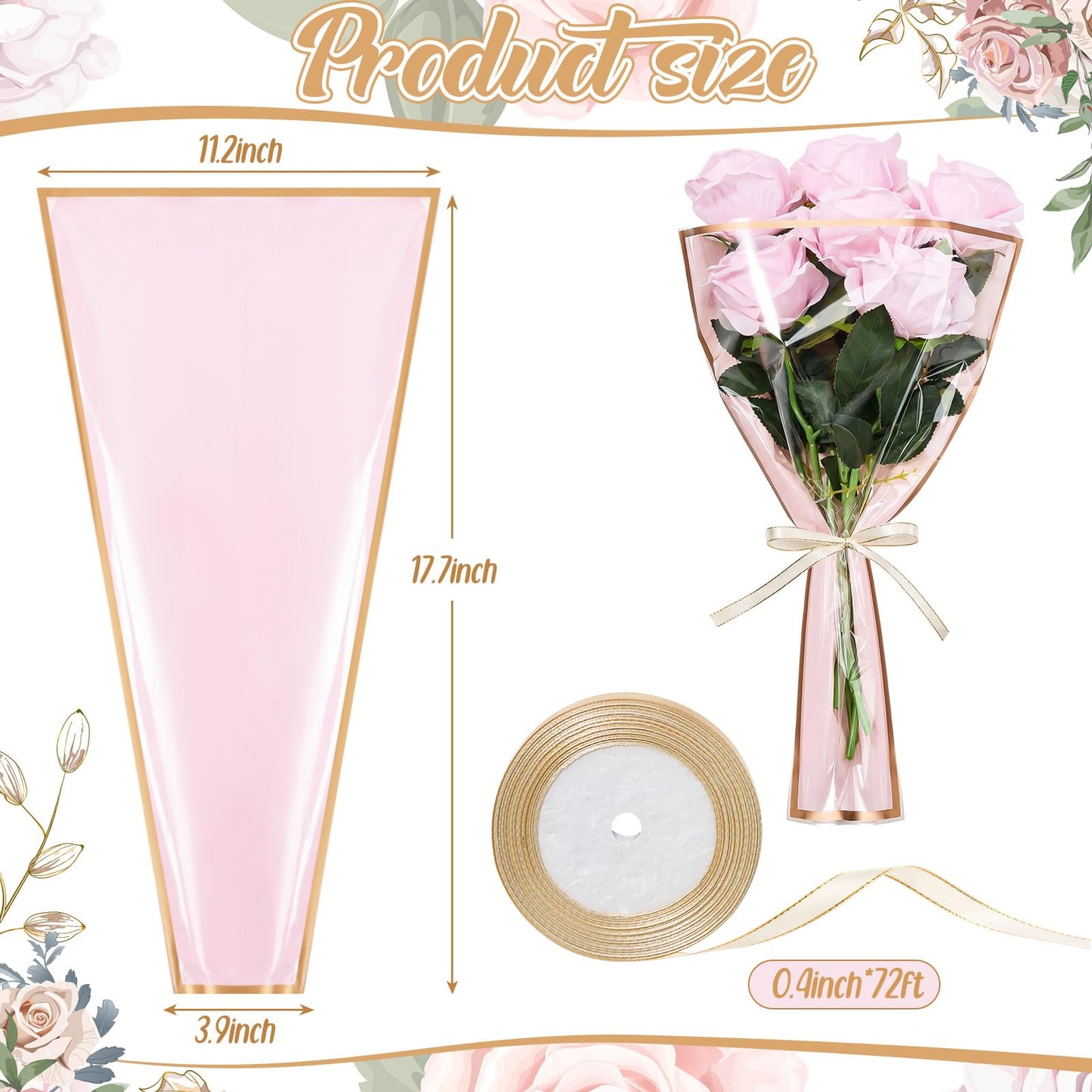 YooNotee 60 Pcs Flower Wrapping Bags for Valentine's Day Bouquets Supplies 17.7 x 10.9 Inches Plastic Flower Bouquet Sleeve Clear Front Floral Wraps with Ribbons for Graduation Party (Pink)