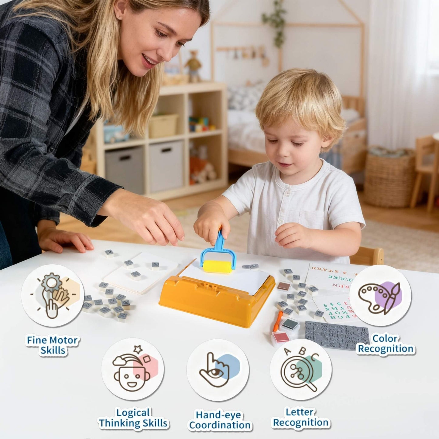 Montessori Toys Educational Alphabet Stamps Set for Kids - 3 Washable Ink Pads & 80Pcs Stamper | Fine Motor Learning: Letter, Number & Animals | Toddler Arts and Crafts, Preschool Classroom Must Have