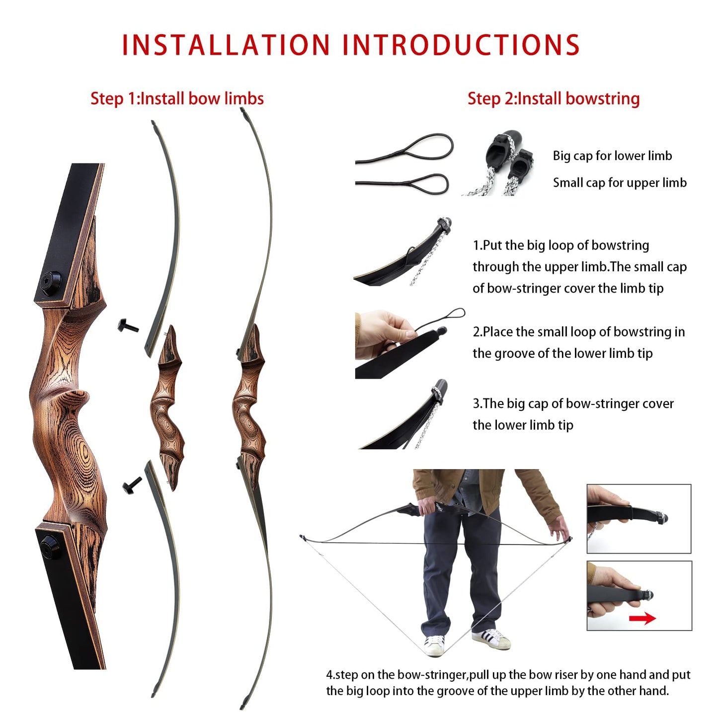 60 Inch Black Hunter Longbow 20-60 Lbs Archery Bow with Stringer Tool Right Hand Hunting Bows for Adults Outdoor Shooting Target Practice (40LBS)