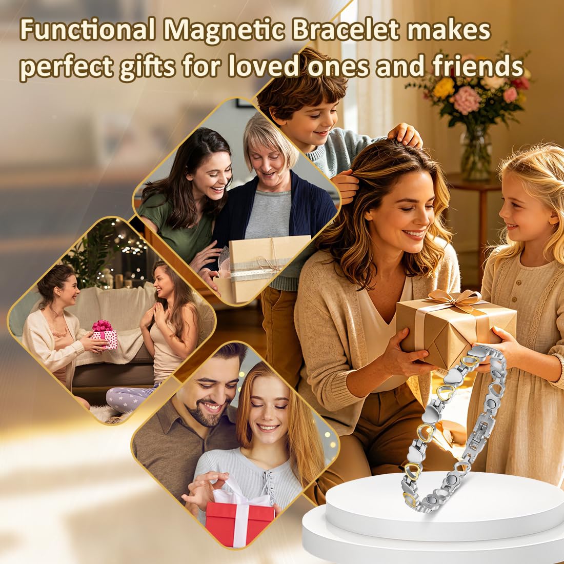 Vicmag Magnetic Bracelet for Women, Titanium Steel Bracelet with Ultra Strength Magnets, Waterproof & Adjustable, Jewelry Gift with Sizing Tool(Silver Gold Heart)