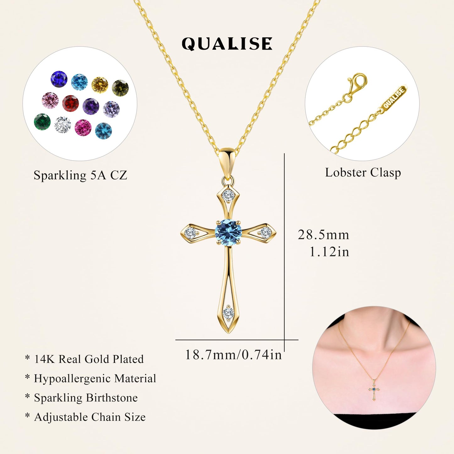 14K Gold Plated Solid Cross Necklace for Women,925 Sterling Silver Ladies Faith Cross Birthstone Pendant Christian Religious Confirmation Baptism Everyday Jewelry Anniversary Birthday Gifts for Her