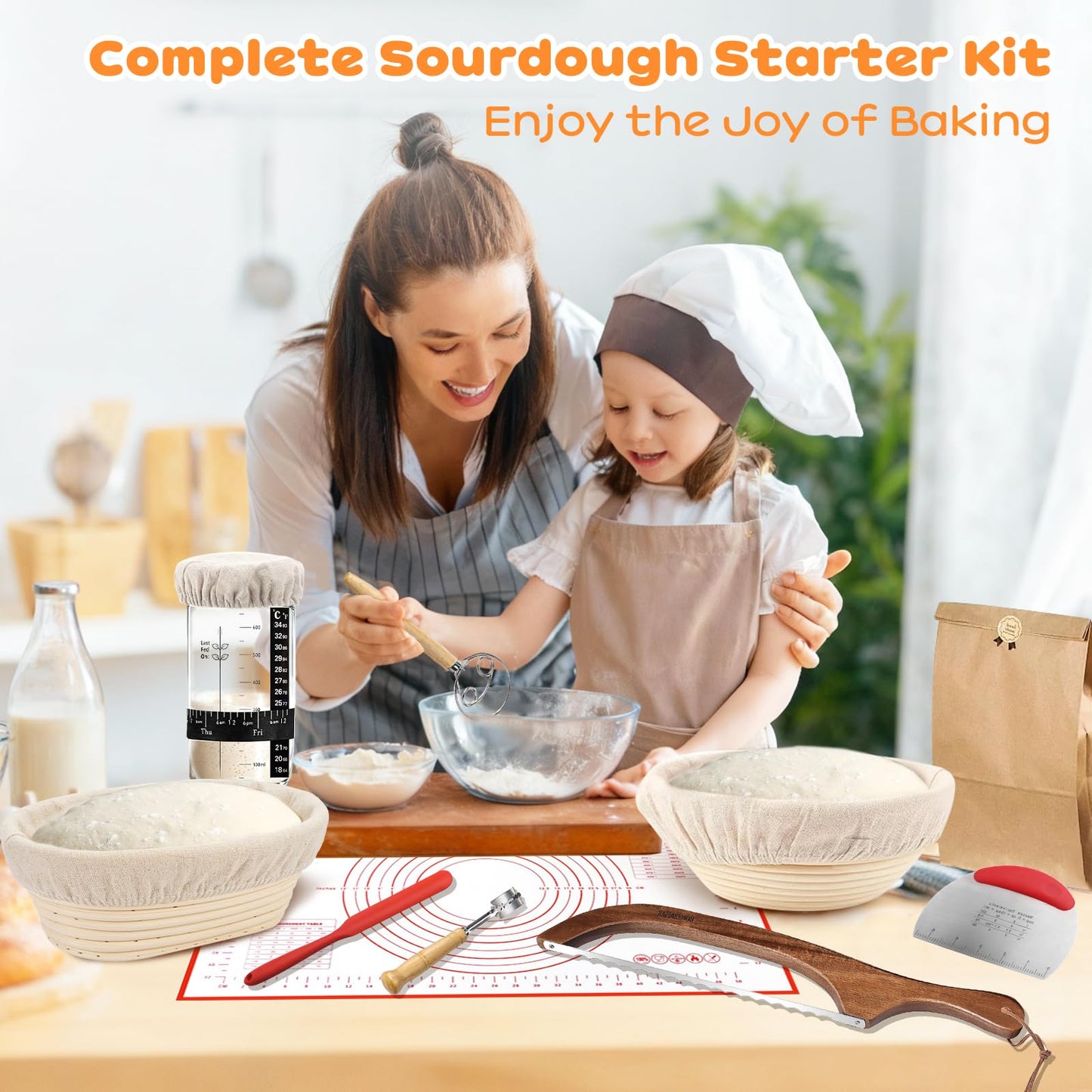 Sourdough Starter Kit, 9" Round & 10" Oval Banneton Bread Proofing Basket, Sourdough Bread Baking Supplies with Sourdough Starter Jar & Bread Slicer, Sour Dough Kit Gifts for People Who Love Baking
