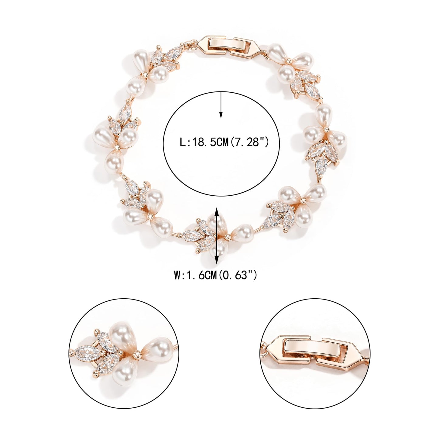 EVER FAITH Wedding Jewelry for Bride Marquise Cubic Zirconia Cream Simulated Pearl Floral Leaf Bridal Prom Tennis Bracelet for Women Clear Rose Gold-Plated-Brass