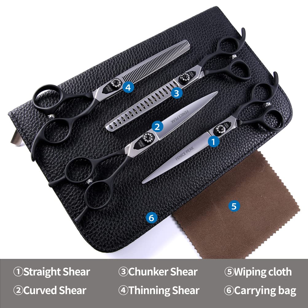 Fenice Peak 7.5'' Professional Dog Grooming Scissors Set with Black Non-Slip Handle 440C Stainless Steel Straight Thinning Curved Chunker Shears 4pcs Set for Pet Grooming Services