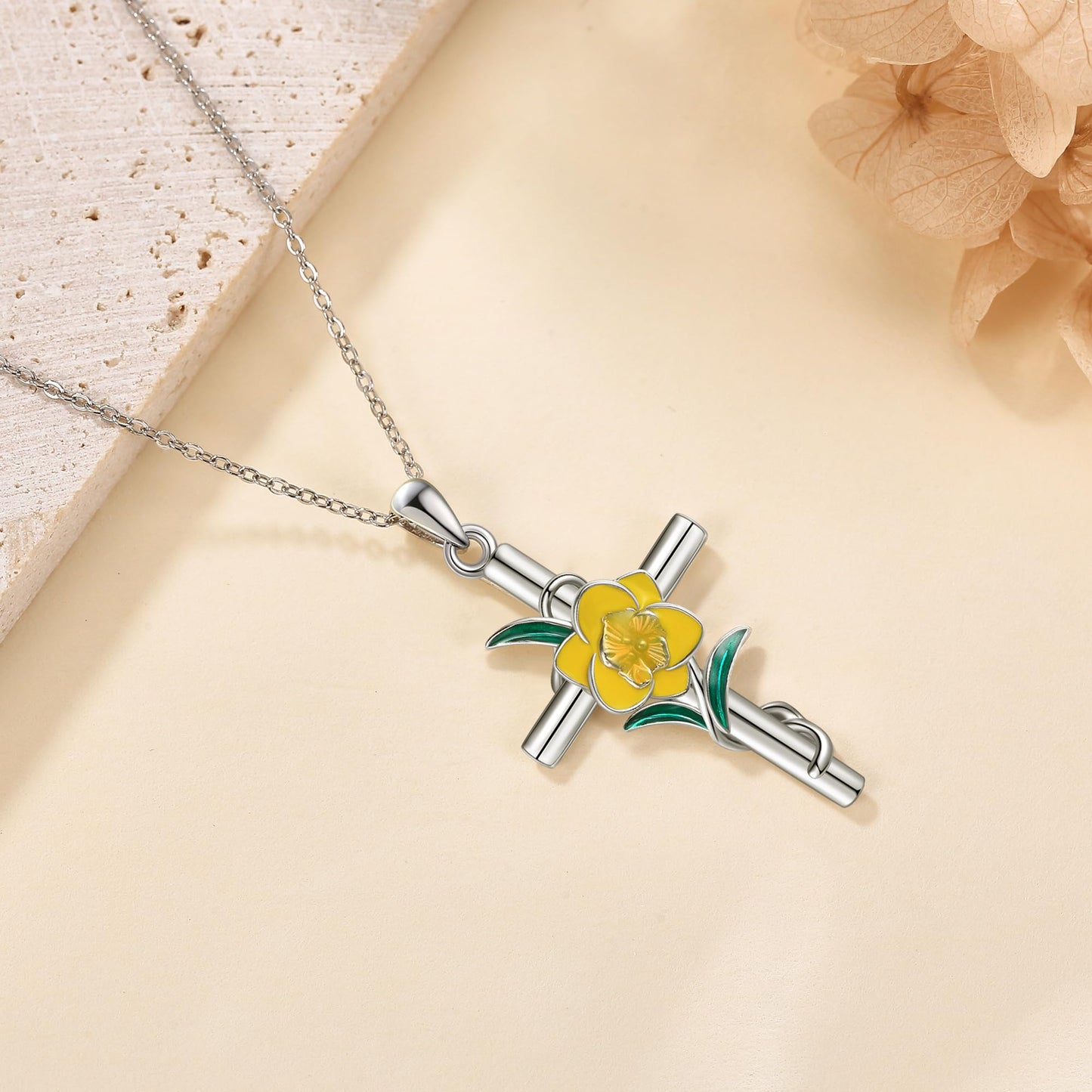 Daffodil Necklace 925 Sterling Silver Cross Daffodil Pendant Necklace March Birth Flower Jewelry for Women Gifts