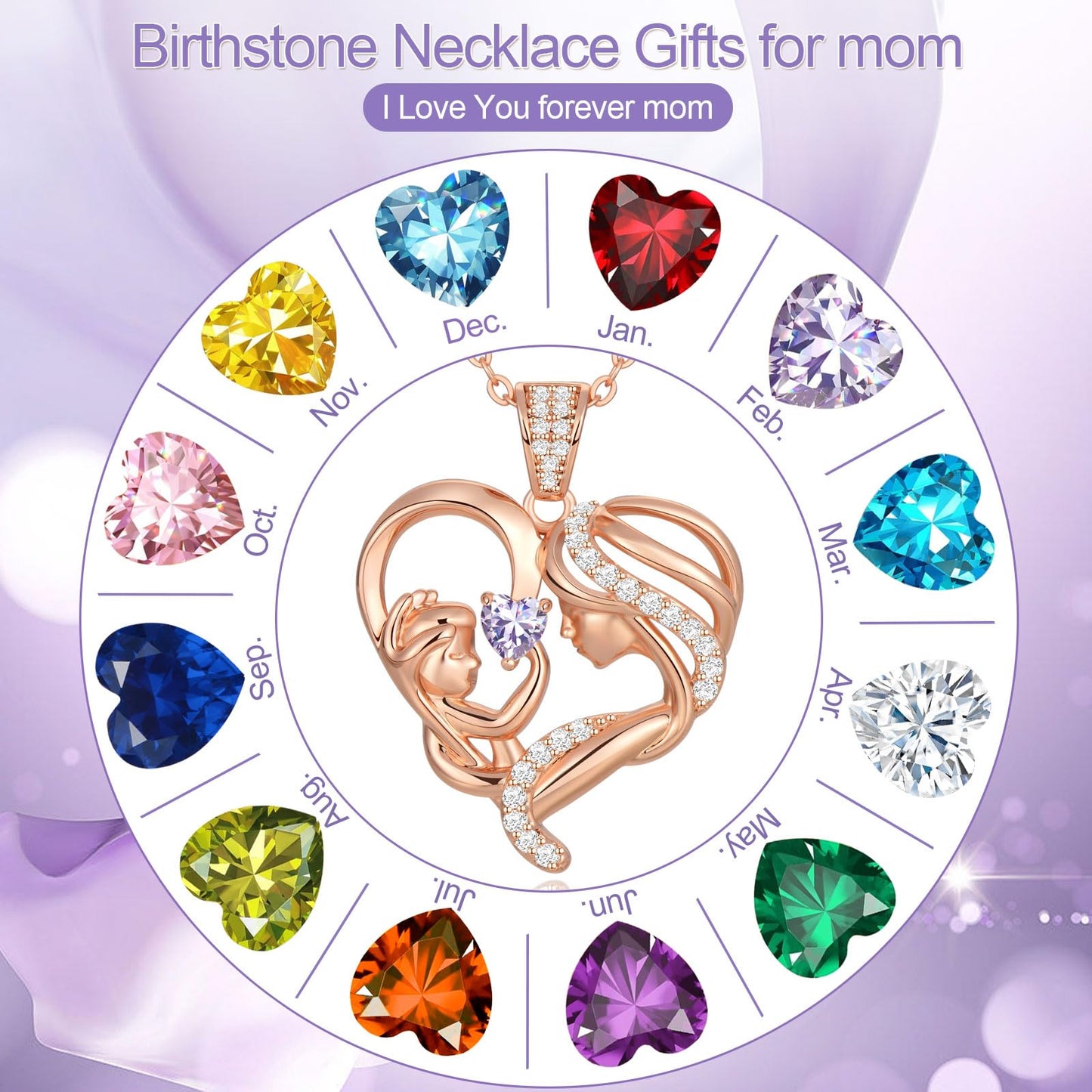 Zifeel Mothers Day Gifts for Mom Wife Her Grandma, S925 Sterling Silver Birthstone Necklaces Jewelry for Women, Mother's Day Love Heart Pendant Necklace for Anniversary Birthday Christmas Day