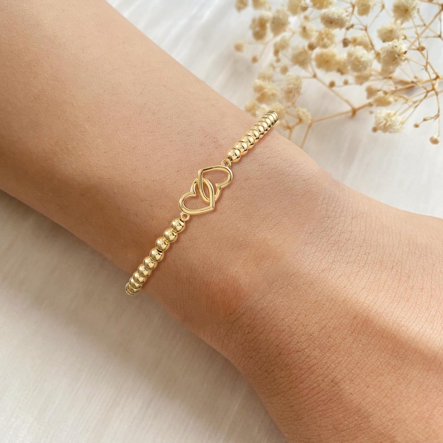 Beaded Bracelets for Women 14K Silver Gold Plated Stretch Handmade Ball Bracelets Cute Charm Bracelet Dainty Stackable Cross Heart Bow Wave CZ Circle Trendy Jewelry Easter Gifts (double-heart)
