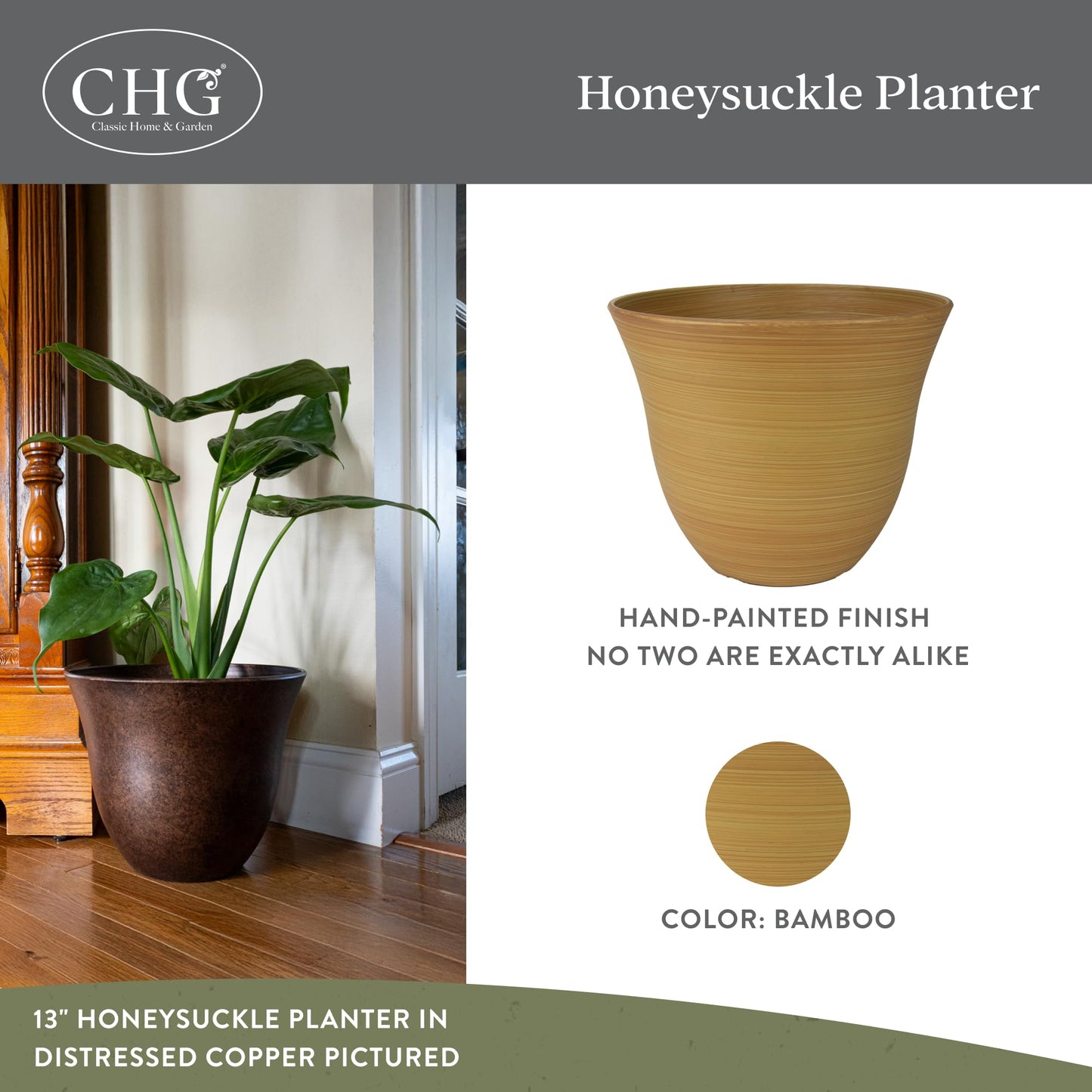 Classic Home and Garden by Growscape Honeysuckle Resin Planters - Lightweight Indoor & Outdoor Plant Pots - UV-Resistant Plastic Flower Pots - Pot Planters for Flowers & Herbs (13” Bamboo)