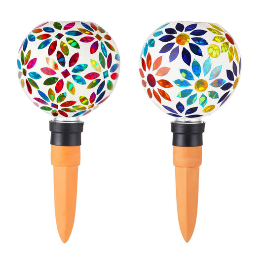 VOREEN Mosaic Plant Watering Globes 2 Pack 500ml with Terracotta Spikes, Handmade Self-Watering Stakes for Indoor/Outdoor, Gift for Garden Lover, Automatic Watering Devices (Multi Colored Flowers)