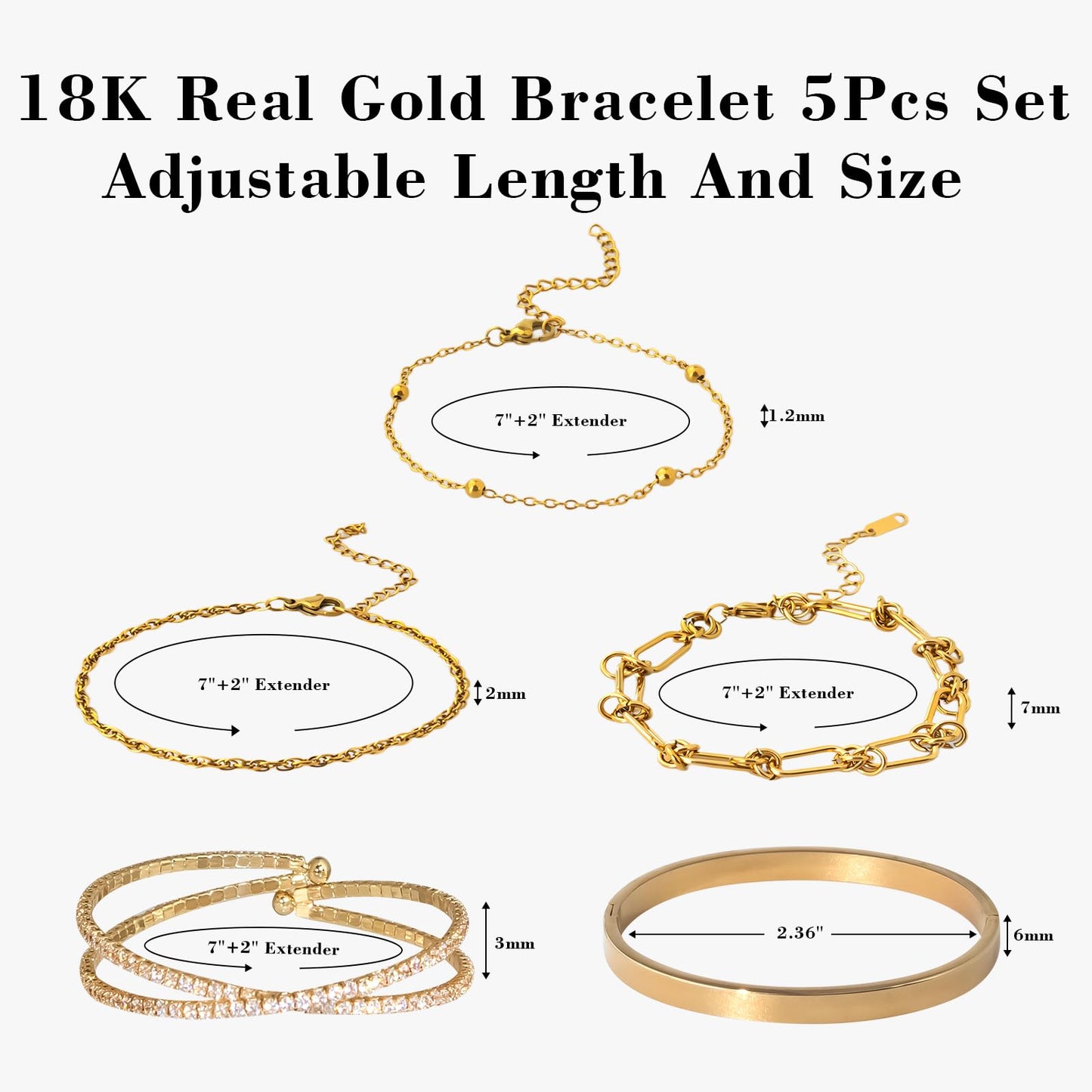 Gold Bracelets for Women, Exquisite 18K and 14K Real Gold-Plated Bracelet Stacking Sets, Waterproof Cuban Chains, Paperclip Chain , Cuff Bangles, Non Tarnish,Jewelry Gifts for Women (18Kzuan5)