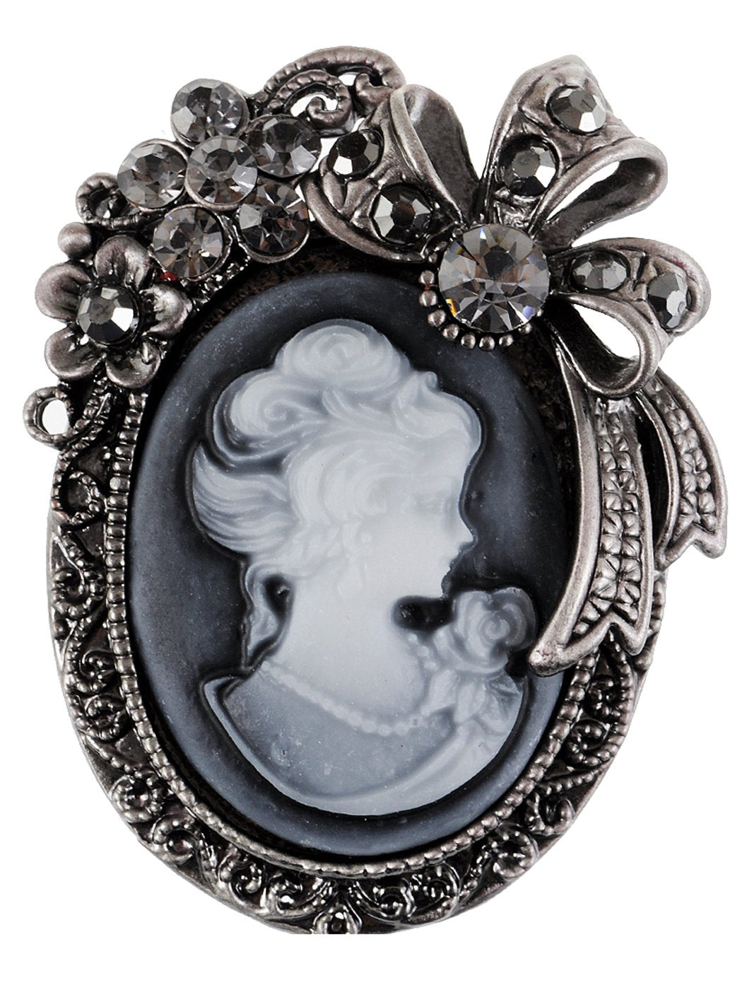 Alilang Vintage Inspired Crystal Rhinestone Victorian Lady Cameo Brooch Pin Maiden Flower Ribbon Bow Pendant Grey